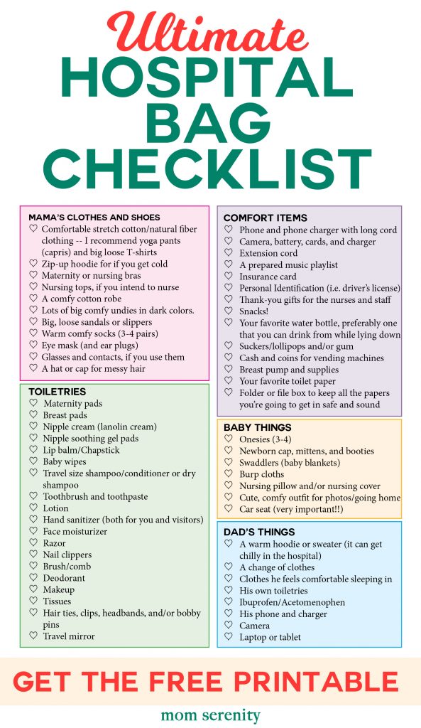 Hospital Bag Checklist with everything you need for mom, dad, and baby! #mom #newmom #hospitalbag #childbirth #hospital #printable #maternity #birth #parenting